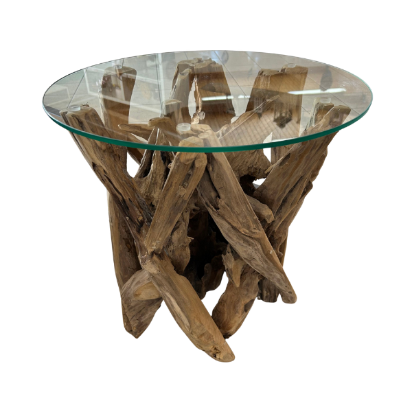 Teakholz Tisch Wurzelholz mit Glasplatte